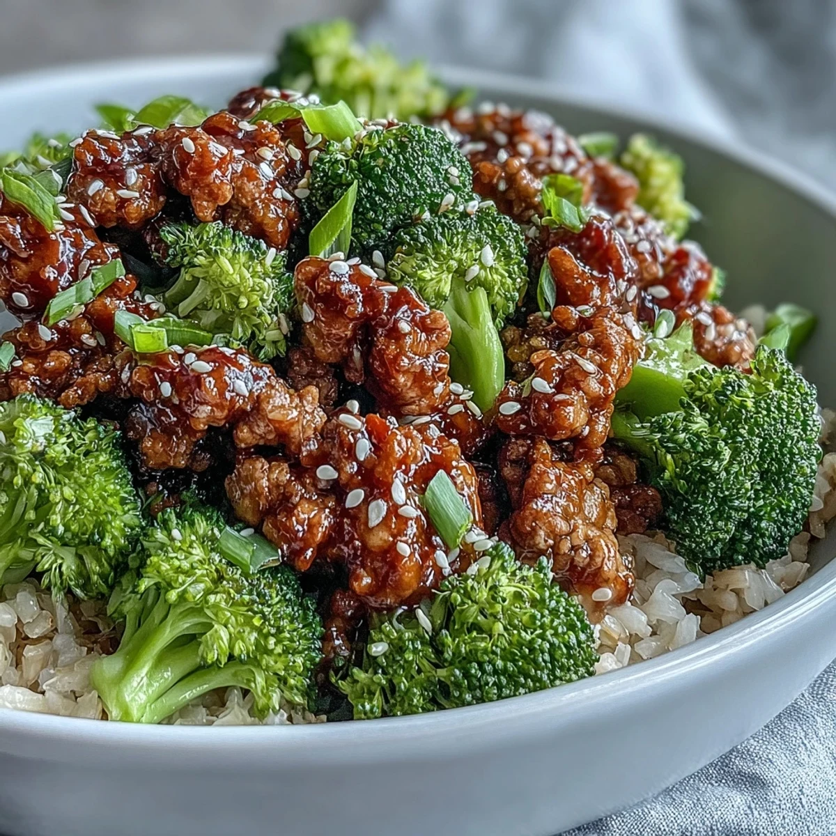 Steamed broccoli florets and sesame seeds crown this easy dinner, perfect for quick weeknight meal prep at home.