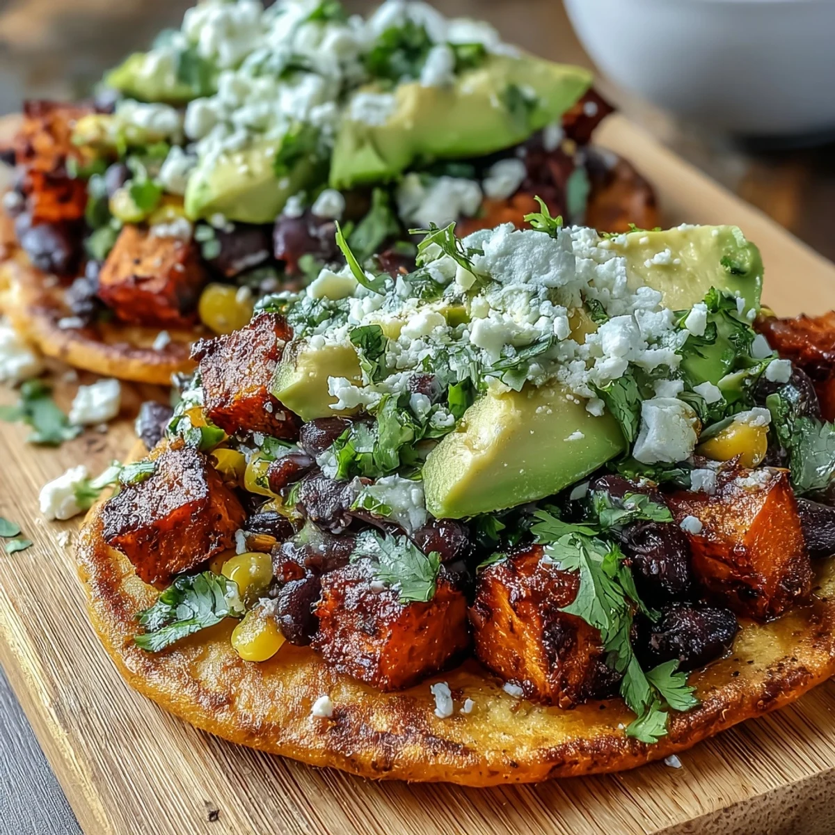 Golden-brown roasted sweet potato cubes piled high on crispy tostada shells with black beans and corn for the Black Bean and Sweet Potato Tostadas.
