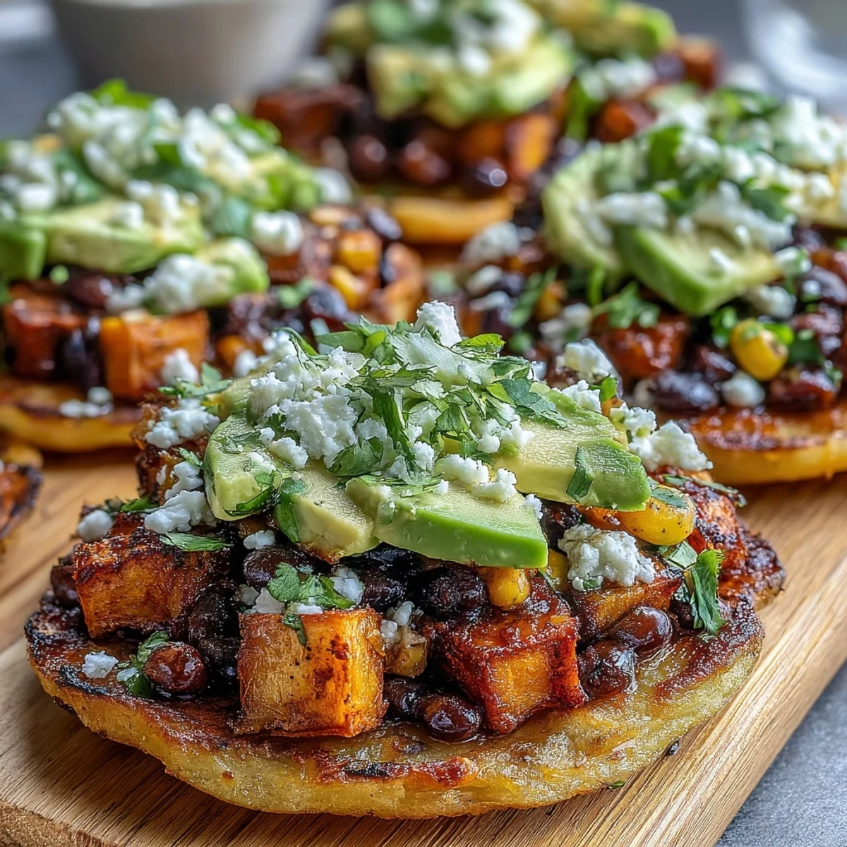 A close-up shows sliced avocado and crumbled feta topping the Black Bean and Sweet Potato Tostadas, garnished with fresh cilantro and a lime wedge.