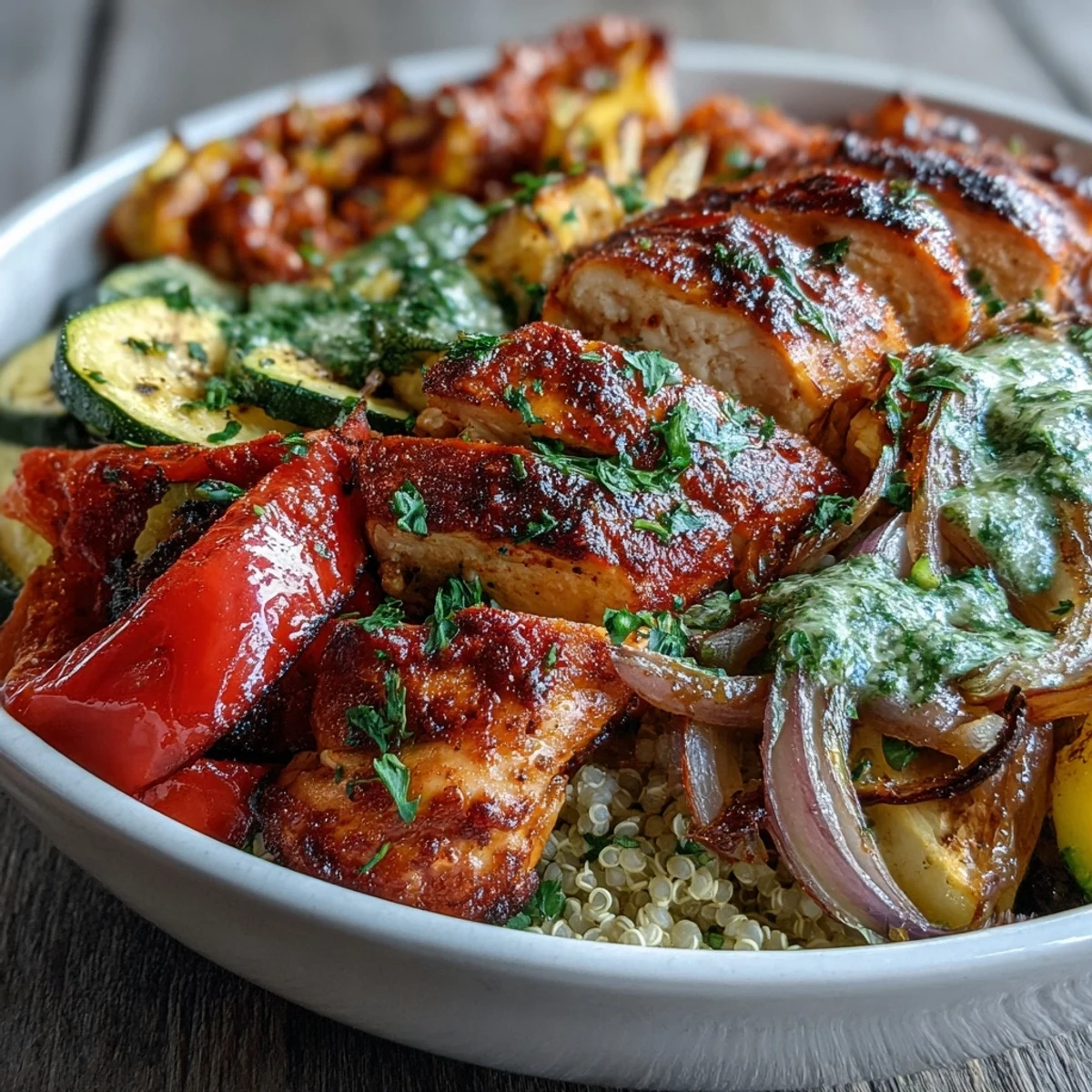 The Paprika Herb Chicken Roasted Vegetable Quinoa Bowl is served in a rustic ceramic bowl, garnished with fresh parsley and a lemon wedge for a bright finish.