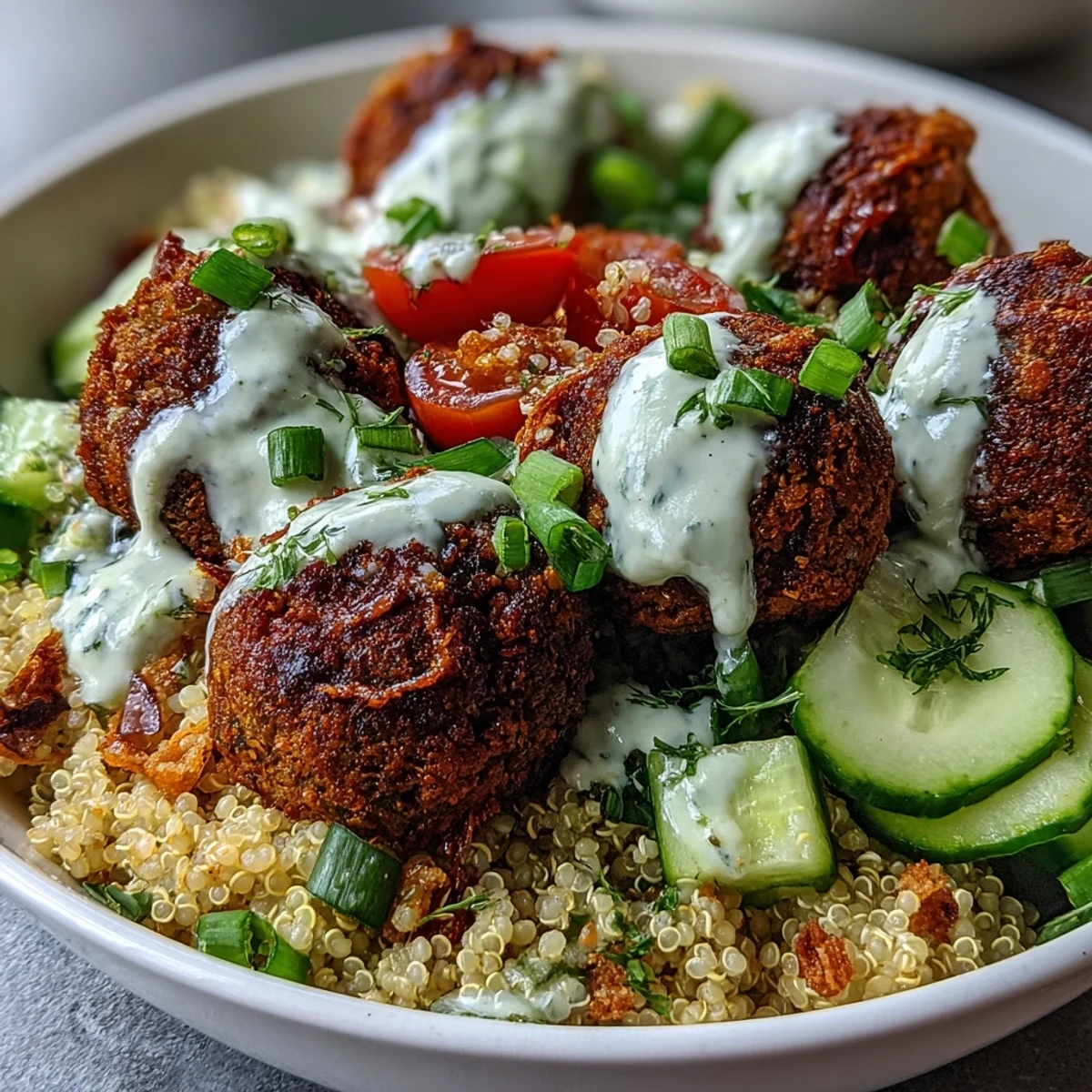 Baked falafel quinoa salad bowl features crisp chickpea patties and fresh vegetables, served with a smooth tahini dressing for a healthy, gluten-free meal.