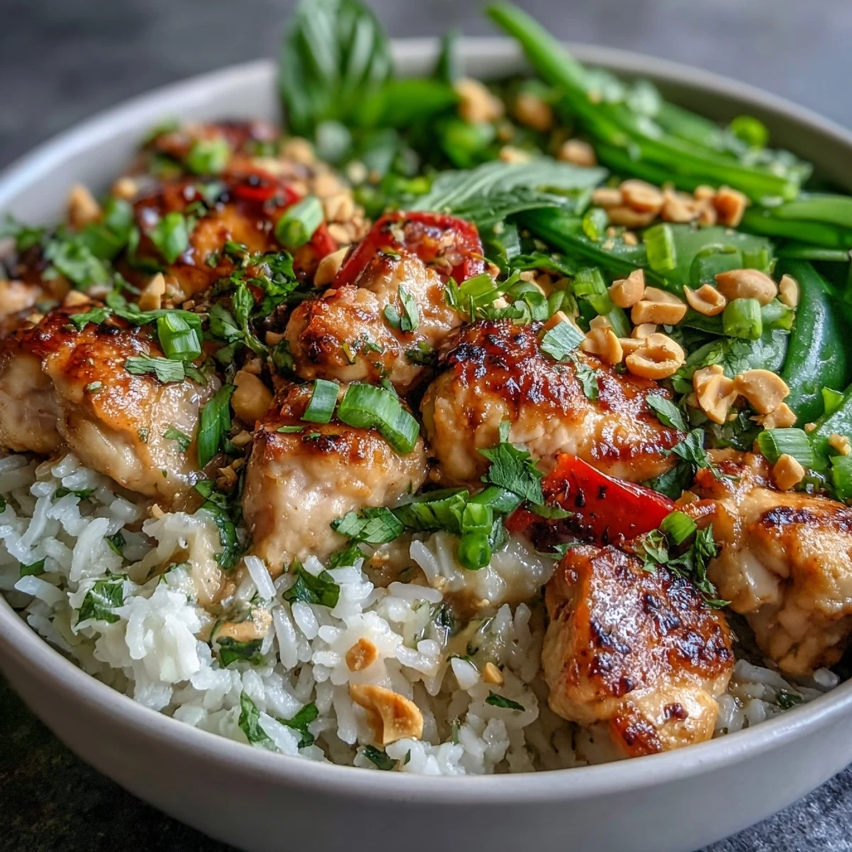 Close-up of a Thai Chicken Coconut Bowl showing tender chicken, crisp vegetables, and aromatic Thai herbs over fluffy coconut rice.  
