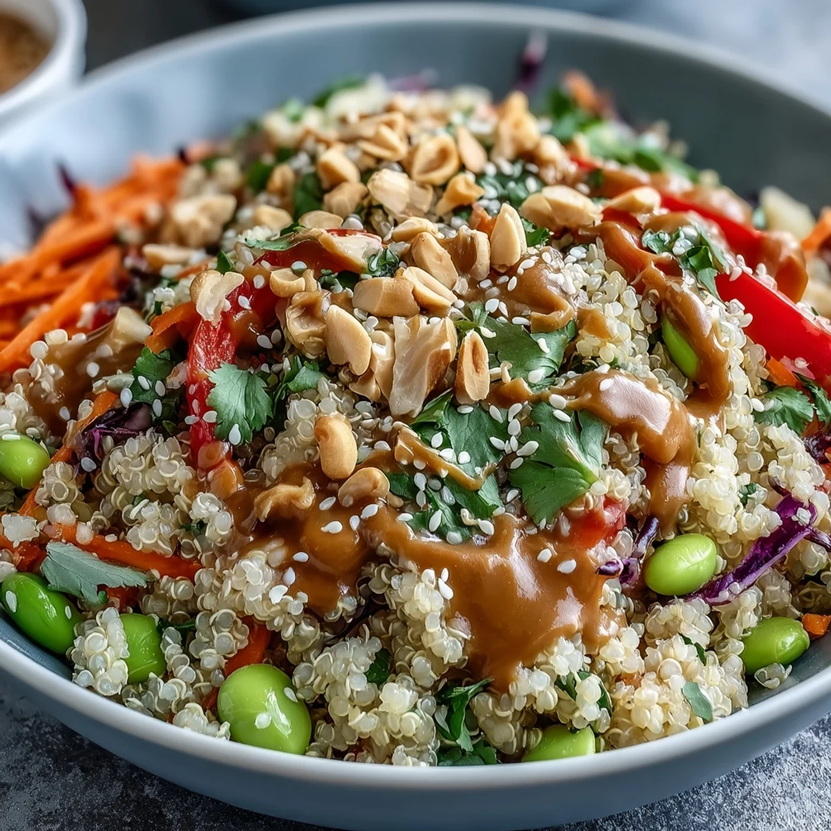 A vibrant Thai Coconut Quinoa Bowl with fluffy quinoa, crisp vegetables, and a drizzle of creamy peanut dressing.
