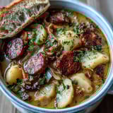 Creamy Potato, Leek and Chorizo Soup topped with crispy chorizo crumbles and herbs for a rustic look.