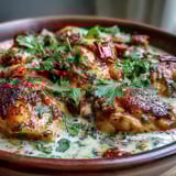 A bowl of Easy Chicken Curry features tender chicken thighs, sautéed onions, and a rich, aromatic tomato-based sauce.