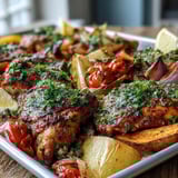 Juicy, spice-rubbed chicken thighs sit on a bed of caramelized sweet potatoes, red onion, and bright bell peppers in the traybake.