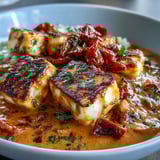 A close-up of Creamy Halloumi and Tomato Curry highlights golden cheese pieces coated in a rich, rust-red sauce.
