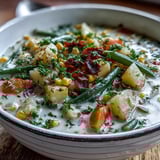 A pot of Amish Snow Day Soup simmers on the stove, filled with tender carrots, potatoes, and corn in a creamy broth.