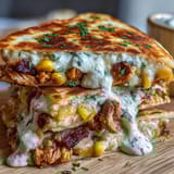 Crispy Cinco de Mayo street corn quesadilla with roasted corn, melted cheese, and smoky chipotle crema drizzle.