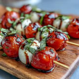 Vibrant Caprese Skewers Appetizer with fresh basil, mozzarella, tomatoes, and balsamic glaze.
