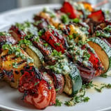 Freshly grilled veggie kabobs, perfectly charred and drizzled with zesty chimichurri.