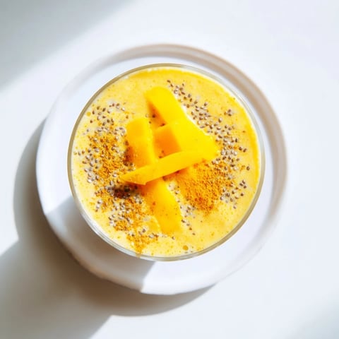 A creamy, golden Mango Turmeric Smoothie, garnished with mango slices for a bright, healthy start.