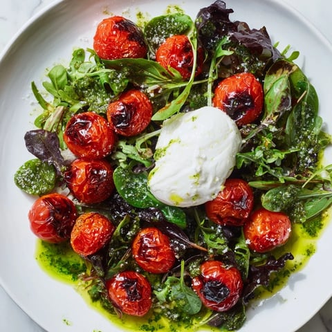 Beautiful charred tomato salad with creamy burrata, drizzled with basil oil.