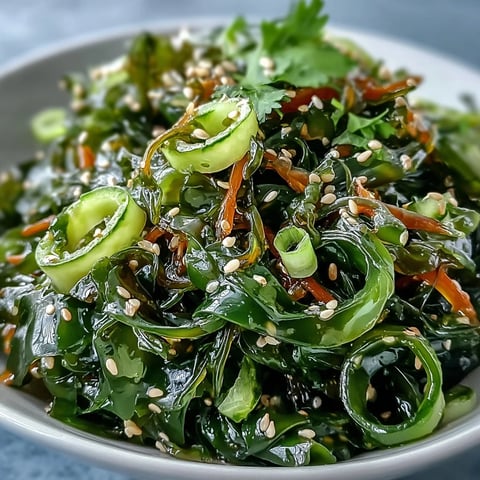 Vibrant seaweed salad with crisp cucumber, julienned carrot, and tangy ginger dressing.