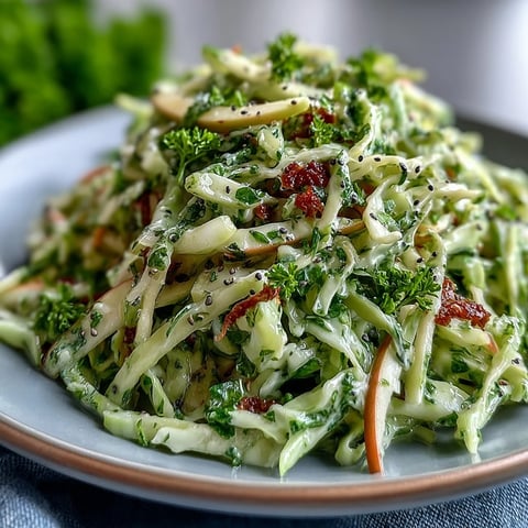 Fresh Green Cabbage and Apple Slaw tossed with tangy apple cider vinegar dressing in a white bowl.