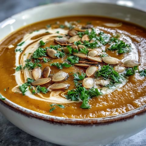 Smooth, velvety Pumpkin Soup with a swirl of cream and toasted pumpkin seeds in a rustic bowl.