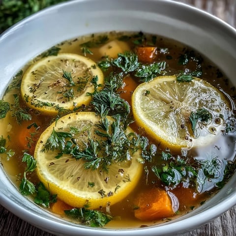 A warm bowl of Lemon Herb Soup garnished with fresh parsley and dill.
