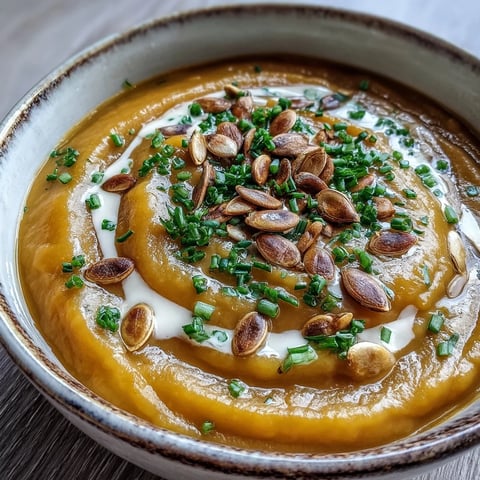 Roasted acorn squash soup served hot in a rustic white bowl, garnished with pumpkin seeds and fresh chives for a cozy fall meal.