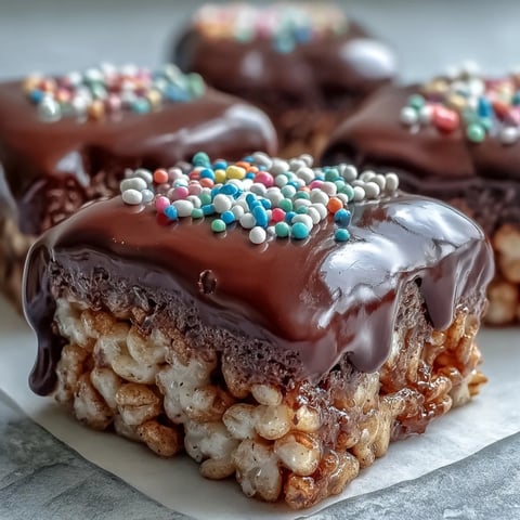 Chocolate Covered Rice Krispy Treats cut into neat squares, showing a glossy chocolate topping and colorful rainbow sprinkles on a rustic board.