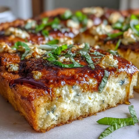 Golden-brown Hot Honey Ricotta Pizza with melted mozzarella, creamy ricotta, and fresh basil leaves on a marble surface.