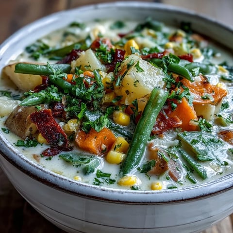 A comforting bowl of Amish Snow Day Soup, garnished with fresh parsley and served alongside warm crusty bread for dipping.