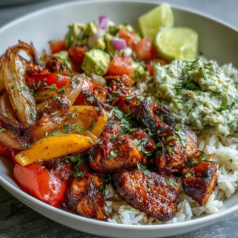 Golden-brown chipotle chicken and roasted red bell peppers and onions sizzling on a sheet pan, ready to be served over fluffy rice.  