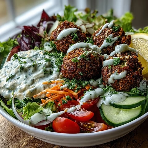A vibrant Falafel Bowl with crispy falafel on creamy hummus, topped with fresh greens, tzatziki, and a drizzle of tahini sauce.