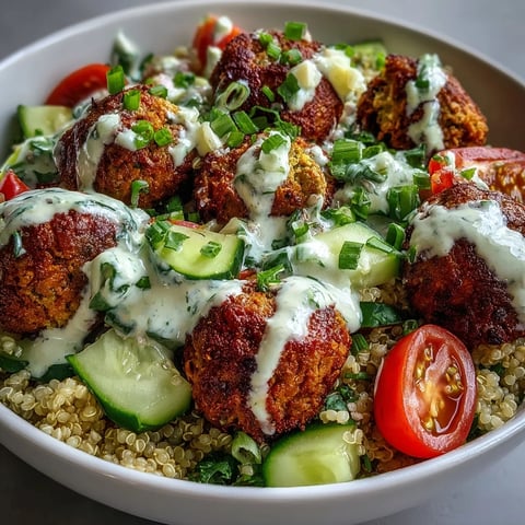 Golden baked falafel patties rest atop fluffy quinoa salad with diced cucumber, cherry tomatoes, and green onions, drizzled with creamy garlic tahini sauce.
