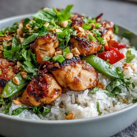 A vibrant Thai Chicken Coconut Bowl with creamy coconut rice, juicy chicken, and fresh vegetables topped with herbs and peanuts.  