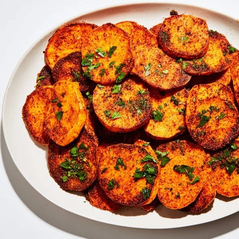 Vibrant image of oven-roasted Cajun Sweet Potatoes glistening, ready to serve with parsley.