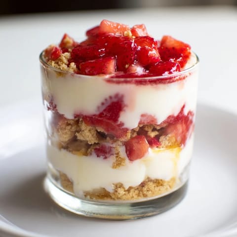 This Strawberry Cheesecake Parfait photo shows layers of sweet dessert in clear cups, a perfect treat.