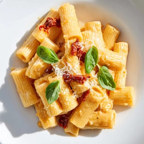 Enjoy a spoonful of Creamy Sun-Dried Tomato Pasta, smelling the garlic within the creamy sauce and basil.