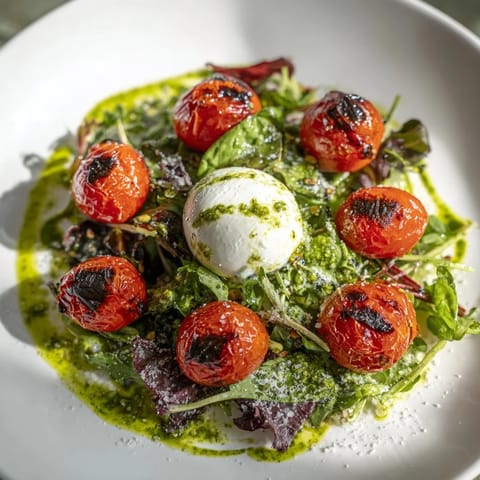 Vibrant image of fresh Charred Tomato Salad with burrata cheese, perfect for a light lunch.