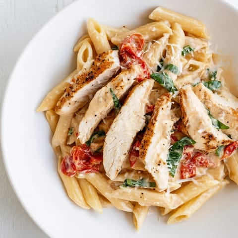 Steaming bowl of Creamy Tomato Basil Chicken Pasta, showcasing tender chicken and rich sauce.