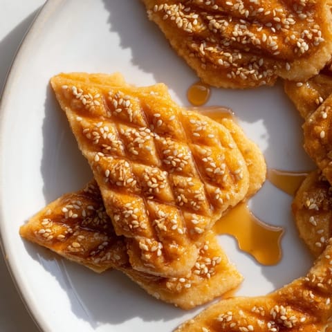 Crispy, honey-glazed Makroudh cookies, ready to eat alongside a cup of aromatic mint tea.