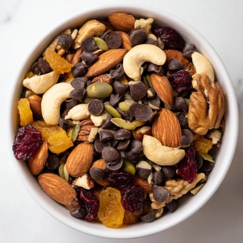 A close-up of homemade Trail Mix Custom featuring almonds, cashews, dark chocolate chips, dried apricots, cranberries, and pumpkin seeds on a rustic wooden board, perfect for on-the-go snacking.