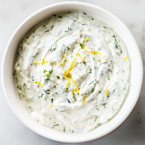 Freshly prepared Greek Yogurt Herb Dip in a white ceramic bowl, topped with lemon zest and chopped parsley, next to pita chips.