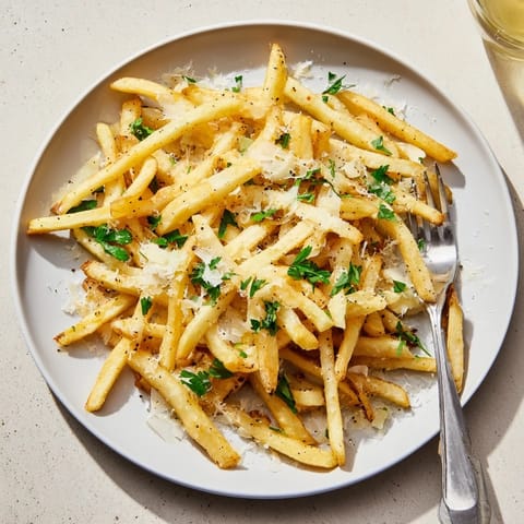 Freshly grated Parmesan and aromatic truffle oil coating hot, crispy homemade fries for a savory bite.  