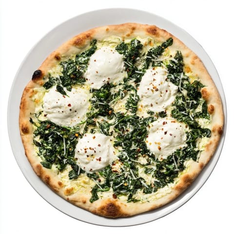 A slice of homemade spinach ricotta pizza rests on a rustic plate, garnished with fresh parsley and red pepper flakes.
