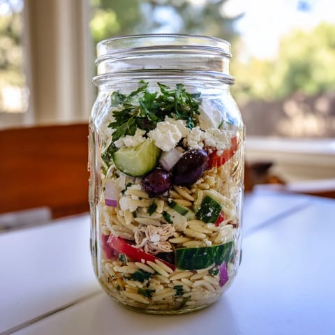 Vibrant Greek Pasta Chicken Salad Jars topped with Kalamata olives and fresh parsley, ideal for a Mediterranean meal prep lunch.  