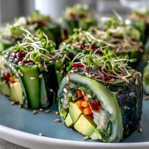 Freshly rolled Nori Rolls with Vegetables display crisp cucumber, creamy avocado, and colorful sprouts on a wooden board.