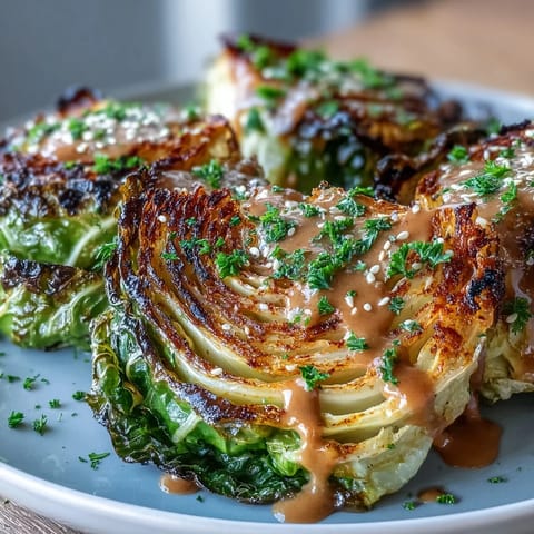 Golden Roasted Cabbage Steaks With Tahini sit beside lemon wedges, finished with toasted sesame seeds for a nutty crunch.