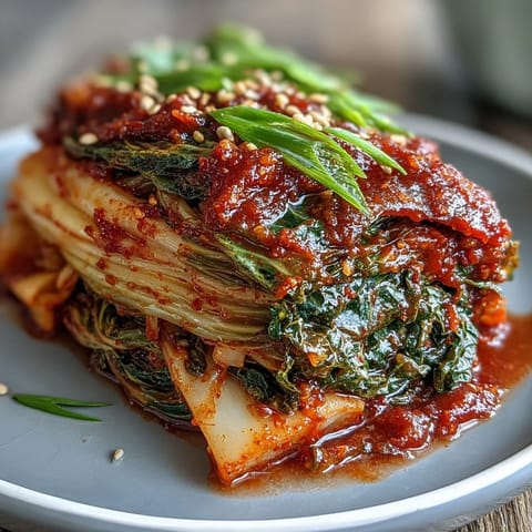 A vibrant bowl of homemade Korean kimchi, featuring bright red chili flakes coating crunchy napa cabbage and julienned daikon radish.