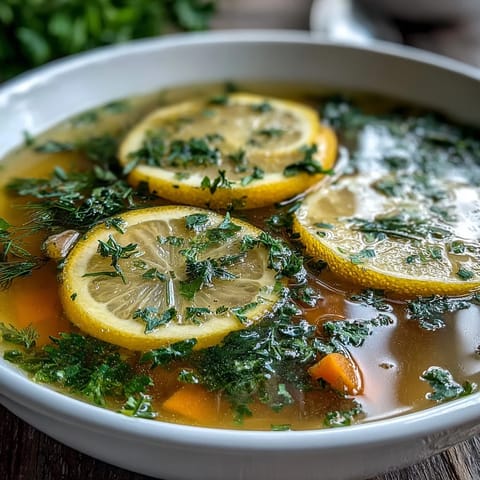 Hearty Lemon Herb Soup served with crusty bread on a rustic table.