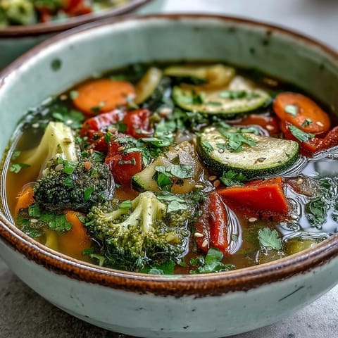 Hearty Ginger Vegetable Soup served hot in a rustic bowl, garnished with fresh cilantro and drizzled with sesame oil.