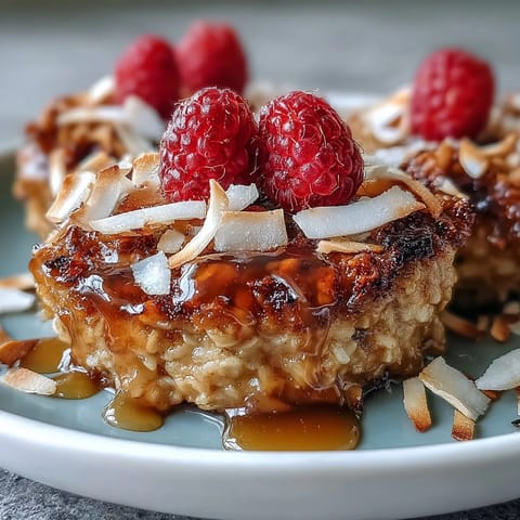 Vegan Baked Oatmeal with Raspberry and Coconut served warm in squares with a maple syrup drizzle.