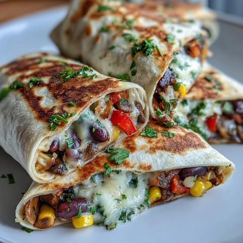Ready-to-eat Veggie Burritos topped with creamy avocado and a dollop of sour cream.