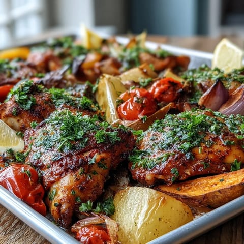 Juicy, spice-rubbed chicken thighs sit on a bed of caramelized sweet potatoes, red onion, and bright bell peppers in the traybake.