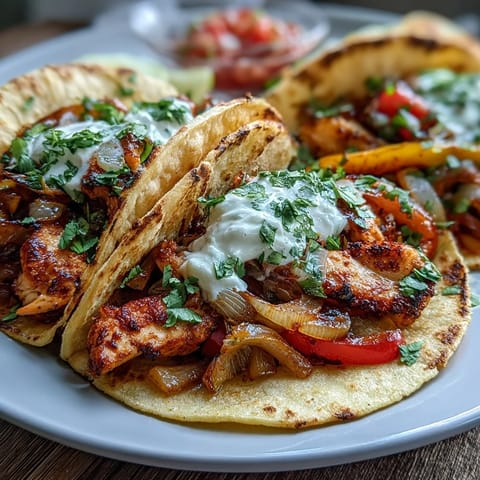 Sizzling skillet of Easy Chicken Fajitas topped with fresh cilantro, lime wedges, and a dollop of sour cream.