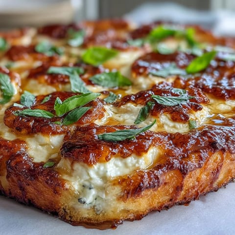 A bubbly Hot Honey Ricotta Pizza slice drizzled with spicy honey, served on a wooden board for dinner.
